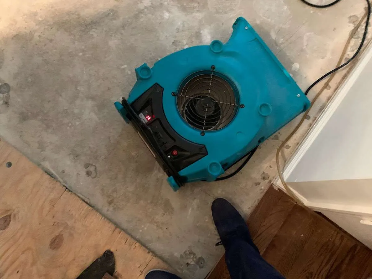 Air mover drying subfloor during Leak Detection & Repair in East Cleveland